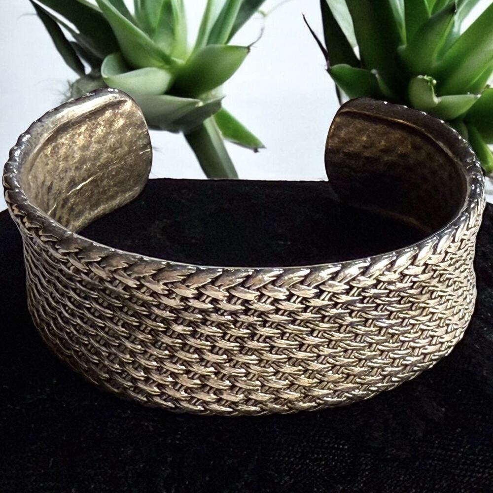 Vintage Premier Designs Silver-Tone Textured Basket Weave Cuff Bracelet